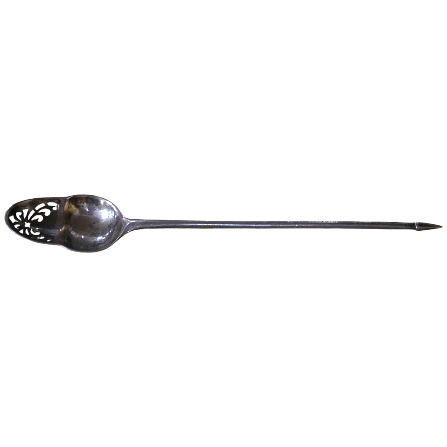 A George II silver mote spoon with acorn shaped picture back bowl, maker's mark for Elizabeth Oliver, circa 1755, 13.6cm. Condition - fair